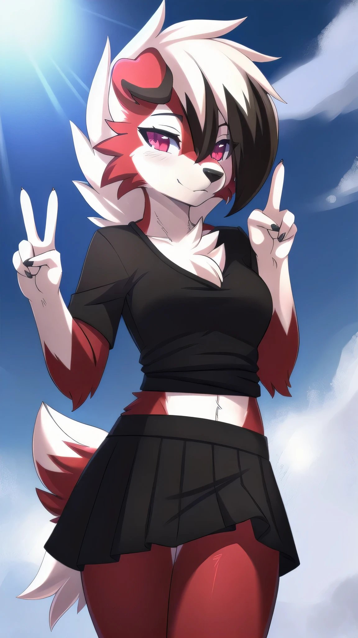By zinfyuu on pixiv,by twistedscarlet60, uploaded on pixiv, by fluff-kevlar, (masterpiece), (best quality), (anthro furry:1.3, snout:1.2, anthro:1.3, furry:1.2, solo female:1.2), (extremely detailed:1.3), lycanroc midnight, wear black skirt and black tshirt, view on viewer, Focused view, 1 Hand (peace sign),