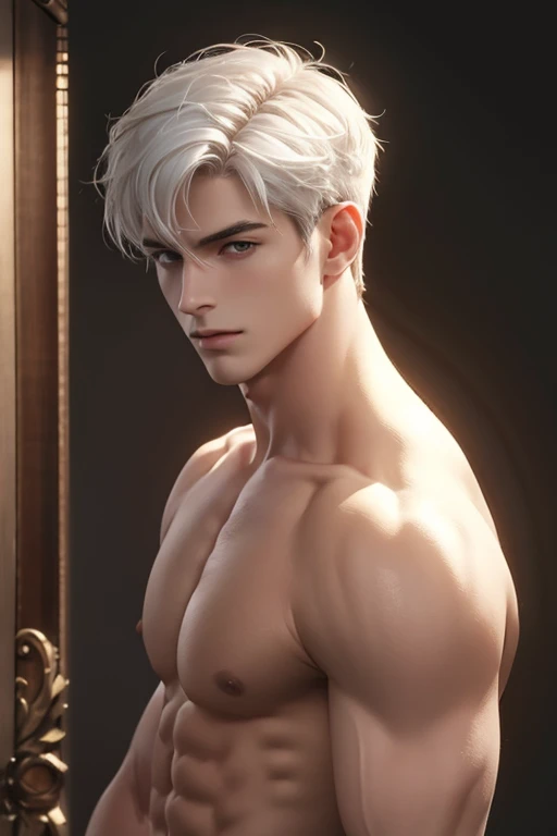 Full body photorealistic 4k, high resolution, best quality, masterpiece, perfect color, perfect shade, perfect lighting, Posted by e621, ((portrait)), ((handsome man)), perfect male figure, Short hair details,chest muscles,abdominal muscles,Naked torso,nudeness Detailed face, perfect face, (stood up), Detailed background, ((Bonifasco Lighting)), (delicate eyes)),white hair