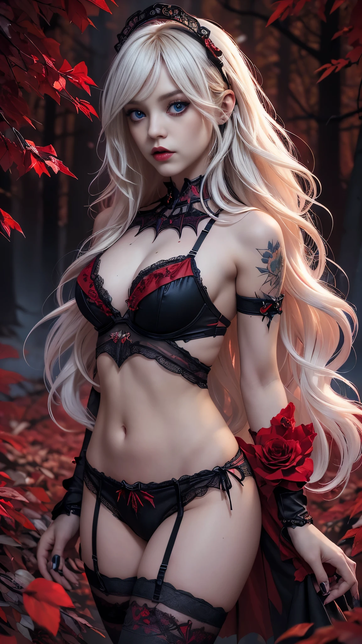 score_9, score_8_up, score_7_up, score_6_up, rating_explicit, 1girl, ((18YO:1.2)), Adult, full lips, big clear eyes, light blue eyes, ((blond hair:1)), (long wavy hair: 1.2),mad-wsps,made of mad-wsps,Painting,Color splash,highly detailed,Tempting ("The 22yo of Dreams":1.3),(art by Tatsuyuki Tanaka:1.4) ,(cabello white canoso largo :1.4), (Detalles de la cara: 1.5, ojos azules brillantes, hermoso rostro, ojos bonitos, Contorno del iris, labios delgados: 1.5, Thin, sharp pale eyebrows, Long, dark eyelashes, double tabs),Surprising,Muted Colors,Decals,(Floral motives:1.4) ,asymmetrical,(dedos detailed :1.4) , (Friarmoody lighting,Sharp and in focus,8k, Visual novel,Moody lighting, Brilliant Lighting, D&D Style Portrait, (((masterpiece))) , (((best quality))) , hyper detailed),soft lighting,HDR,Ilford HP5+ 400,Depth of field 270mm,adobe lightroom,Full Body,Fire and Ice,Ruby Red Rose,Red Mode,Insane Quality,Color Splash,,DonMW15pXL, VP, (dynamic cowboy pose),( fondo bosque encantado tenebroso rojo sangre flores :1.4), (colores brillantes), (UHD 8K), (realistic V2.1), (estilo encaje rojo lingerie :1.4), (perfect anatomy), ,(lolita punk rock gothic red:1.4 ), (devilish red forest :1.4)