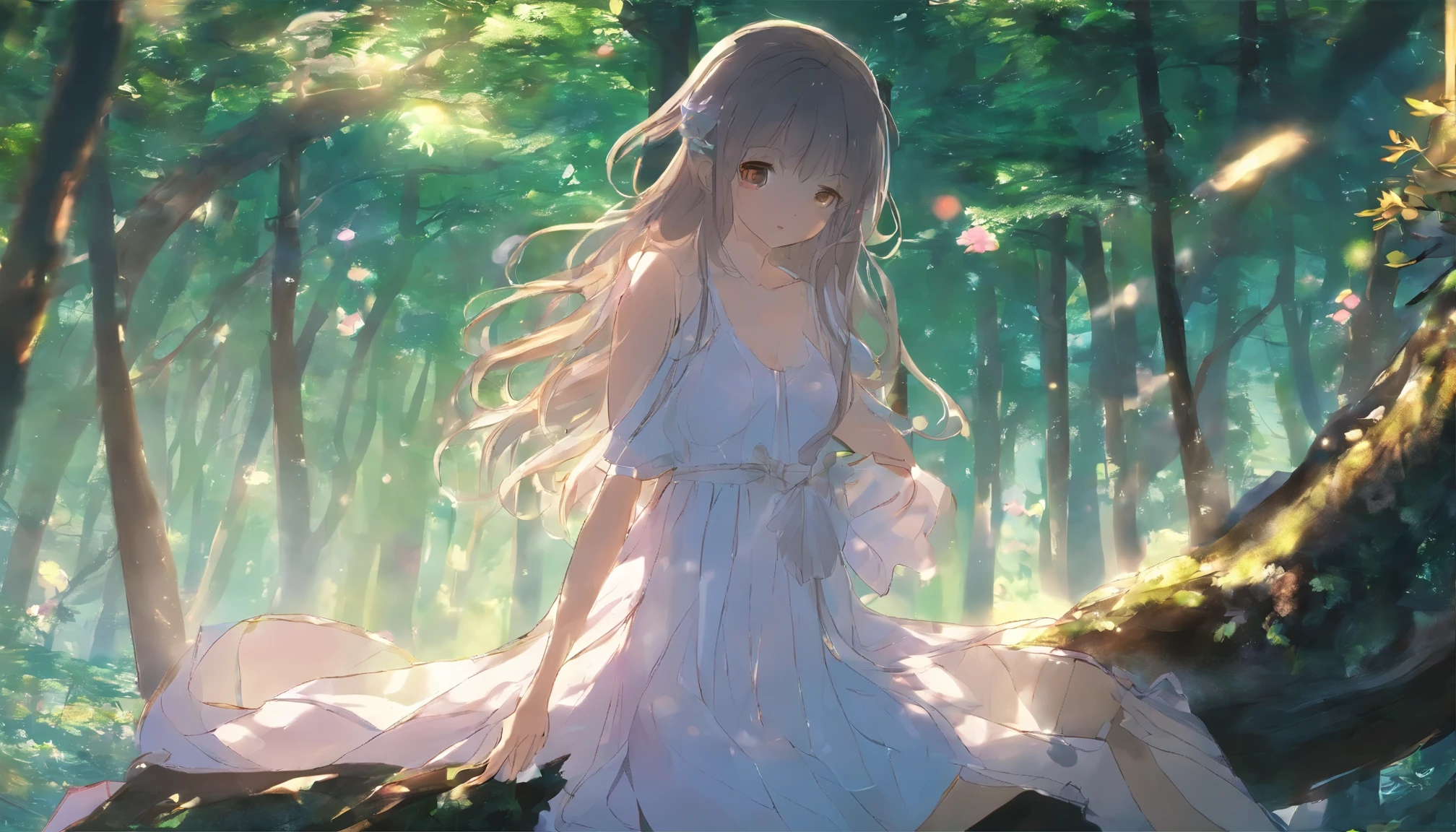 masterpiece、high quality、High resolution、One girl、eyes closed、Leaning against a tree、long hair、forest、Fantastic morning light、dress
