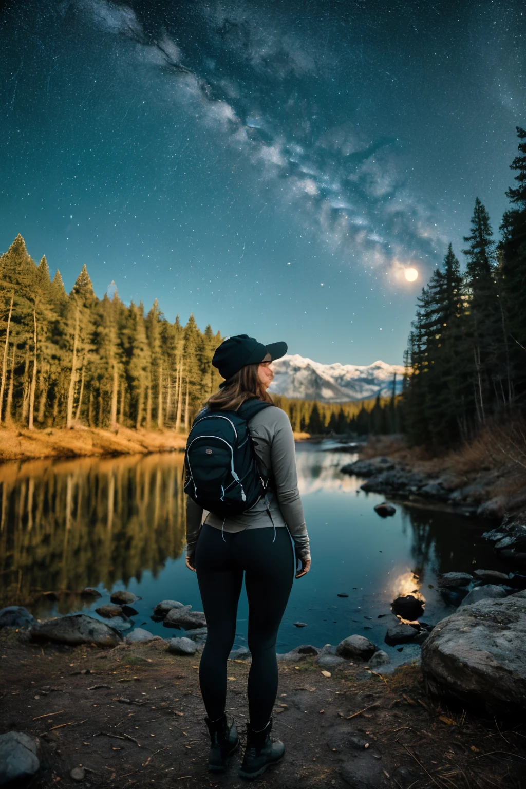 1 woman((full body shot, happy)), masterpiece, best quality, ultra-detailed, solo, outdoors, (night), mountains, nature, (stars, moon) cheerful, happy, backpack, sleeping bag, camping stove, water bottle, perfect heart shaped ass, wide hips, tight black yoga pants, mountain boots, gloves, large breasts, huge tits visible through sweater, hat, flashlight, forest, rocks, river, wood, smoke, shadows, contrast, clear sky, analog style (look at viewer:1.2) (skin texture) (film grain:1.3), (warm hue, warm tone)