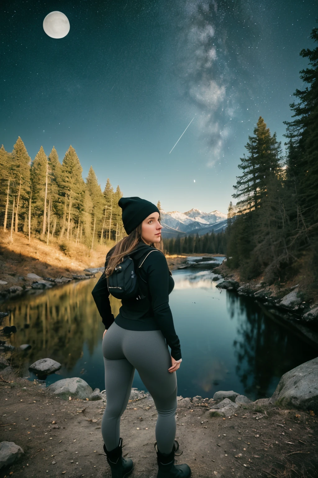 1 woman((full body shot, happy)), masterpiece, best quality, ultra-detailed, solo, outdoors, (night), mountains, nature, (stars, moon) cheerful, happy, backpack, sleeping bag, camping stove, water bottle, perfect heart shaped ass, wide hips, tight black yoga pants, mountain boots, gloves, large breasts, huge tits visible through sweater, hat, flashlight, forest, rocks, river, wood, smoke, shadows, contrast, clear sky, analog style (look at viewer:1.2) (skin texture) (film grain:1.3), (warm hue, warm tone)