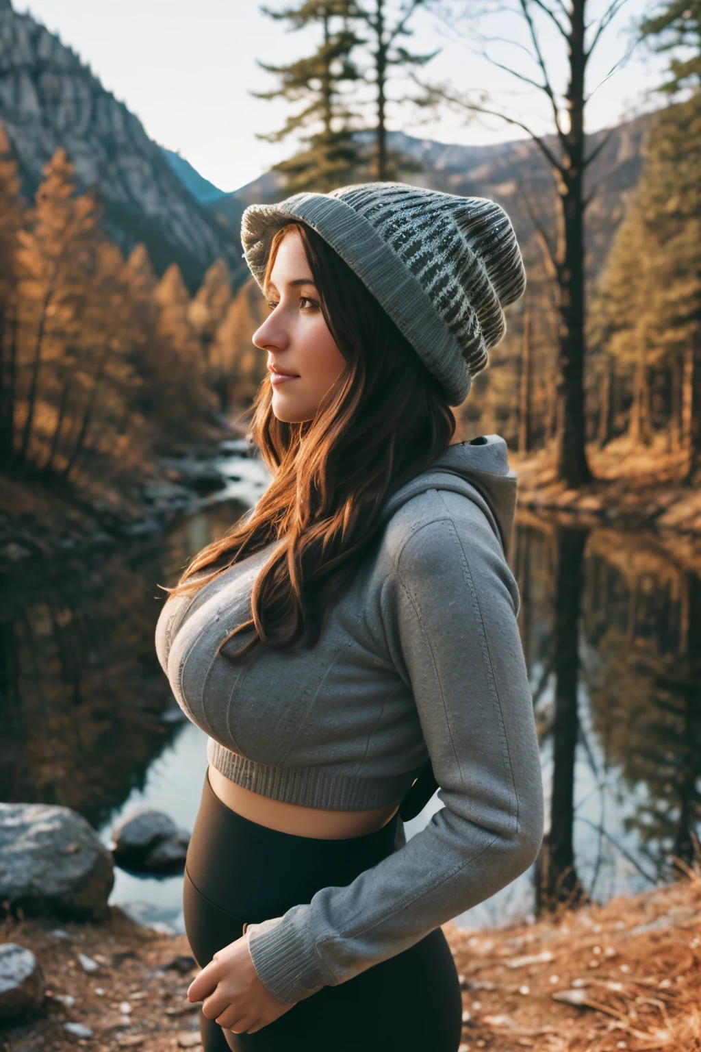 1 woman , (huge large breasts: 1.3), huge large round ass，huge large bubble butt , masterpiece, best quality, ultra-detailed, (stars, moon) cheerful, happy, backpack, sleeping bag, camping stove, water bottle, country boot, country hat, red plaid shirt long sleeve open, lantern, forest, rocks, river, wood, smoke, shadows, contrast, clear sky, style, (warm hue, warm tone: 1.2), close-up, cinematic light, side lighting, ultra high resolution, best shadow, RAW, upper body, wearing lingerie, seductive look, huge round ass, 4k, open neckline, sexy