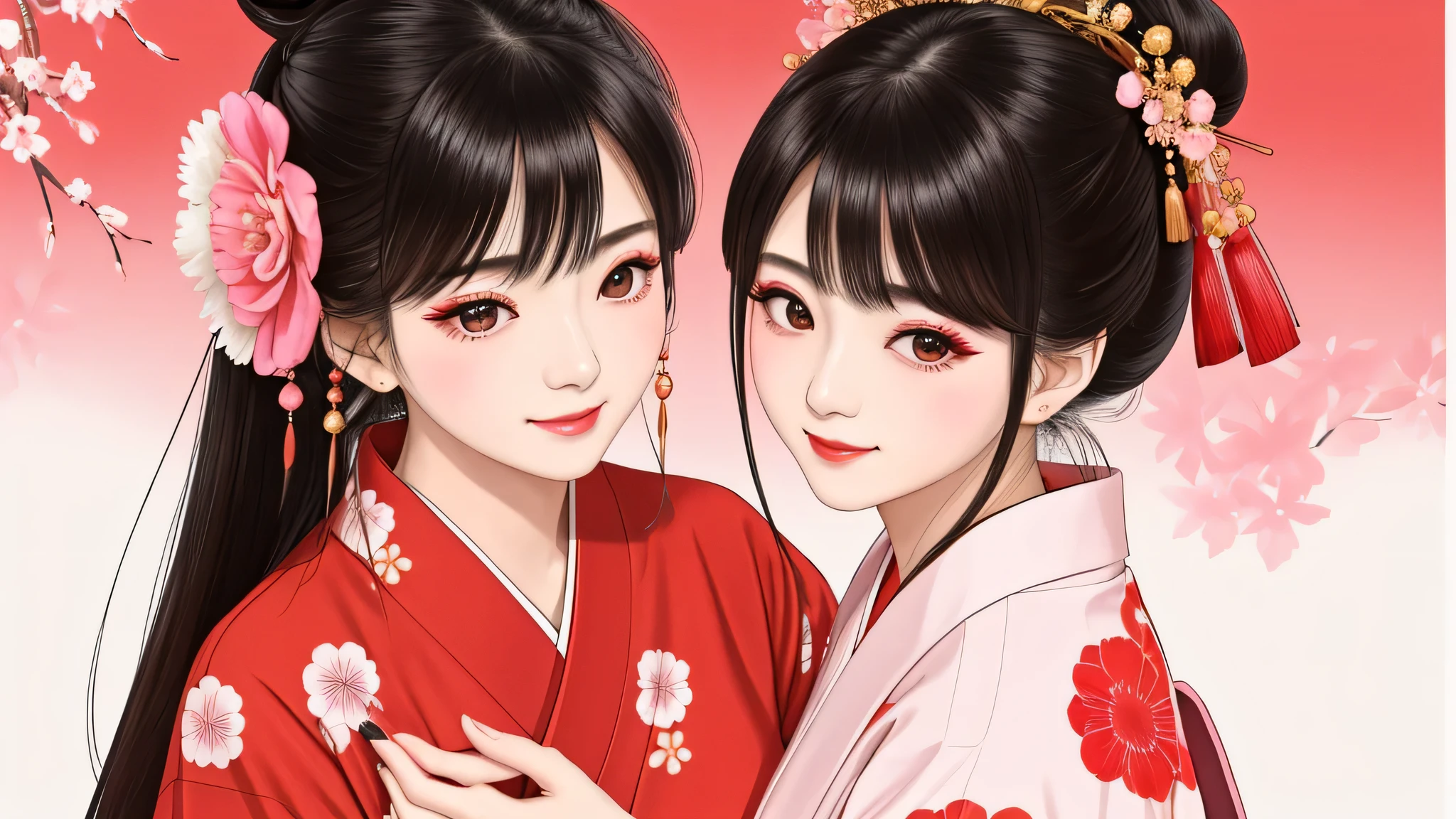 Each has a different expression２People and sisters、(２ girls）、｟Dancing traditional performing arts gracefully)、((big breasts、small face、not exposed))、highest quality、masterpiece、（black hair、Bun Hair）、brown eyes、｟wide angle、Angle from above, from the waist up、Pause on the magazine cover、Each person has a different perspective when looking into the distance｠、(８K high quality、masterpiece、High resolution、Realistic and beautiful light and shadow、(highest quality)、(high resolution)、(very delicate and beautiful)、(beautiful 8k face)、(Close your eyes while smiling、Beautiful eyes)、(Transparent skin)、(soft hair)、(８head and body)、(Japanese-style yukata kimono with red, pink, and orange floral patterns on a white background, mixed with gold powder、Five beautiful Japanese girls wearing yukata)、((tanabata decoration background))、((small face))、(arms up)、thin and small nose、（red lipstick）、（make cheeks red）、（Glossy skin）、((Ink painting style))、extremely thin eyebrows、Overall super high quality、（She wears maiko-style makeup）、Whitening、long and beautiful eyelashes、Glossy skin、（red cheeks）,straight nose、masterpiece、highest quality、whole body、 eyebrows visible through hair、Bun Hair、grin、gal、Kogal、Viewer&#39;s perspective、Plaid、Fashionable、woman、fine、Pause、
Waiting to start 
