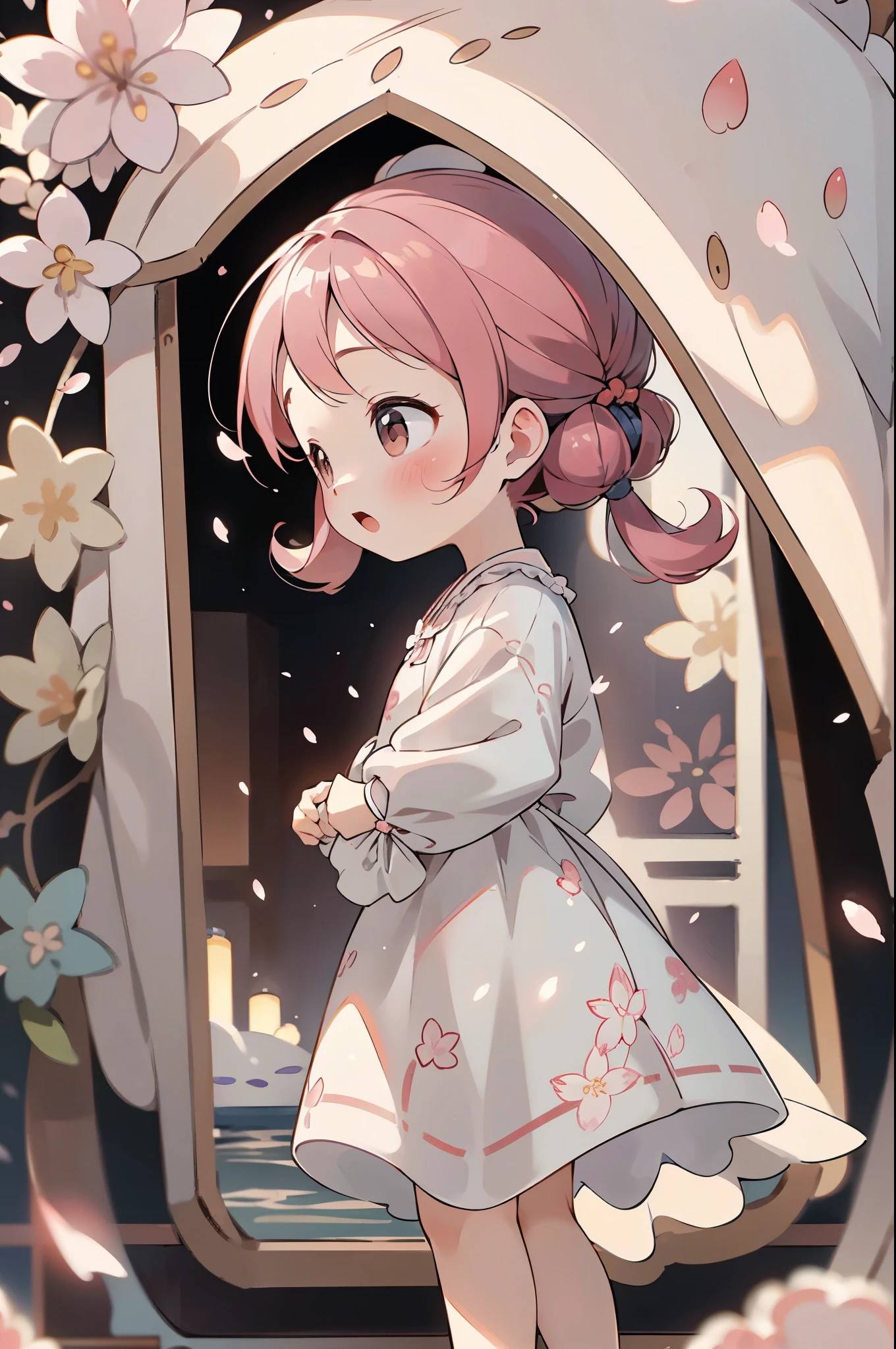 The doll standing in front of the painting、Yawning face、baby face、rococo style、(Highly detailed characters)、Flowing cherry-colored silk、cherry blossom petals、Flowing cherry blossom silk、Photographed from the side、Strong bokeh、season!!: 🌸 ☀ 🍂 ❄