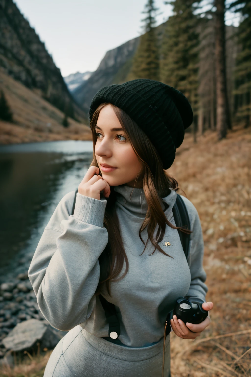 1 woman((full body shot, happy)), masterpiece, best quality, ultra-detailed, solo, outdoors, (night), mountains, nature, (stars, moon) cheerful, happy, backpack, sleeping bag, camping stove, water bottle, large ass, wide hips, tight black yoga pants, mountain boots, gloves, large breasts, huge tits visible through sweater, hat, flashlight, forest, rocks, river, wood, smoke, shadows, contrast, clear sky, analog style (look at viewer:1.2) (skin texture) (film grain:1.3), (warm hue, warm tone)
