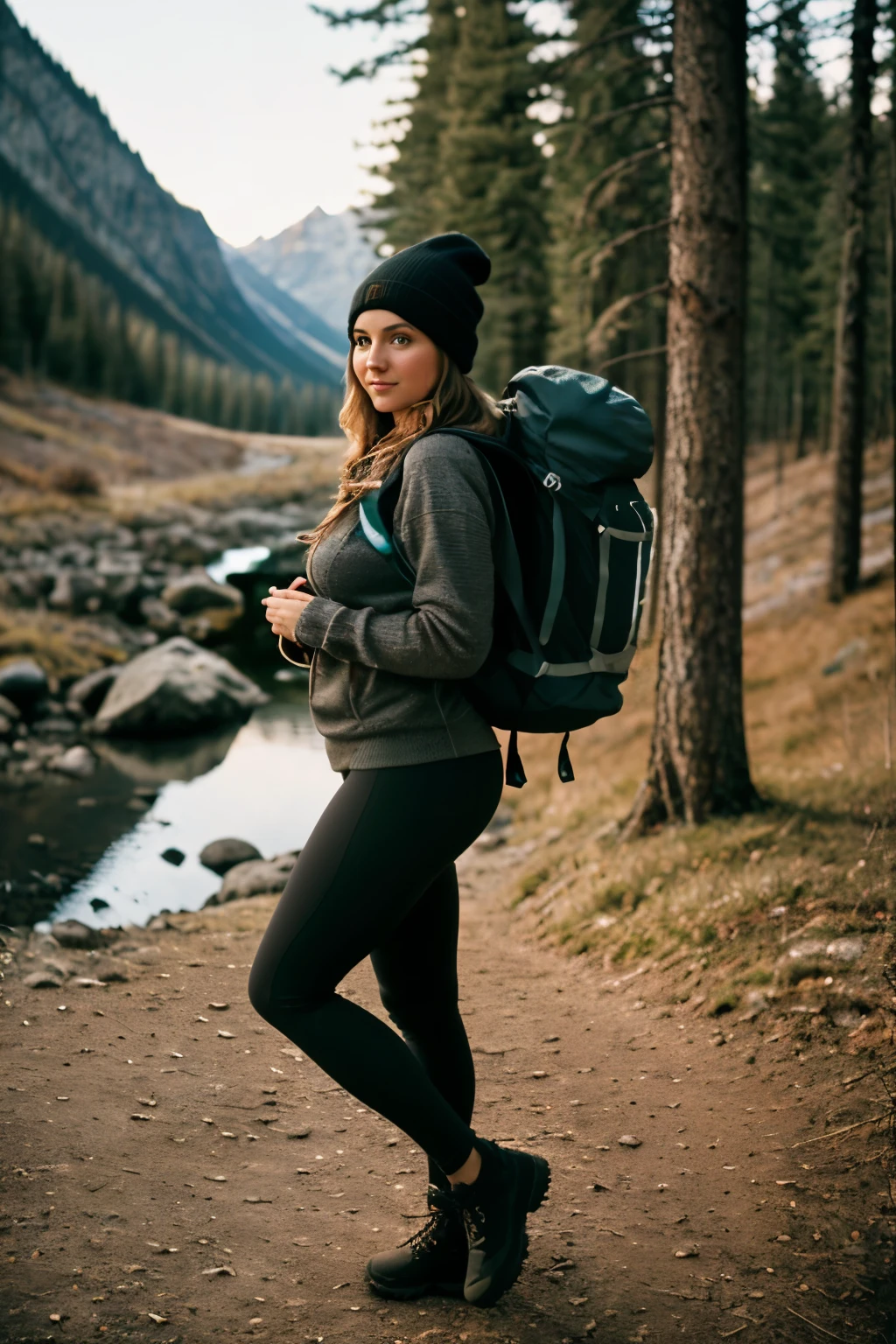 1 woman((full body shot, happy)), masterpiece, best quality, ultra-detailed, solo, outdoors, (night), mountains, nature, (stars, moon) cheerful, happy, backpack, sleeping bag, camping stove, water bottle, large ass, wide hips, tight black yoga pants, mountain boots, gloves, large breasts, huge tits visible through sweater, hat, flashlight, forest, rocks, river, wood, smoke, shadows, contrast, clear sky, analog style (look at viewer:1.2) (skin texture) (film grain:1.3), (warm hue, warm tone)