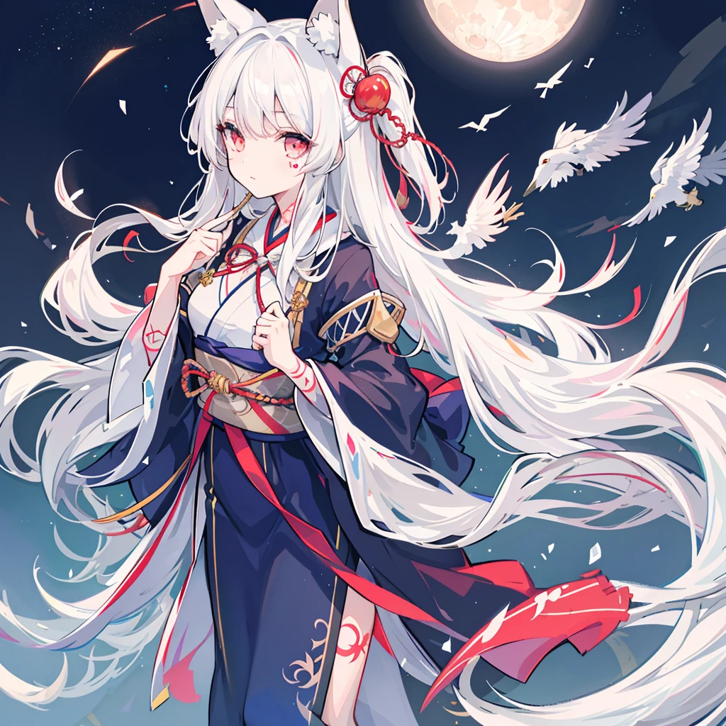 1girl, moon, bird, star_\(sky\), long_hair, starry_sky, (((white_hair))), animal, wide_sleeves, night, flower, night_sky, holding, very_long_hair, full_moon, looking_at_viewer, ribbon_trim, ribbon-trimmed_sleeves, long_sleeves, skirt, red_eyes, solo, japanese_clothes, sky,((medium breasts)), (((Pornographic tattoo))),fox ears, fox tail, fox girl,