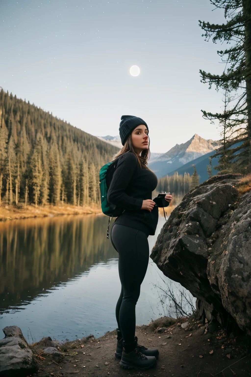 1 woman((full body shot, happy)), masterpiece, best quality, ultra-detailed, solo, outdoors, (night), mountains, nature, (stars, moon) cheerful, happy, backpack, sleeping bag, camping stove, water bottle, heart shaped all, perfect ass, large ass, wide hips, tight black yoga pants, mountain boots, gloves, large breasts, huge tits visible through sweater, hat, flashlight, forest, rocks, river, wood, smoke, shadows, contrast, clear sky, analog style (look at viewer:1.2) (skin texture) (film grain:1.3), (warm hue, warm tone)