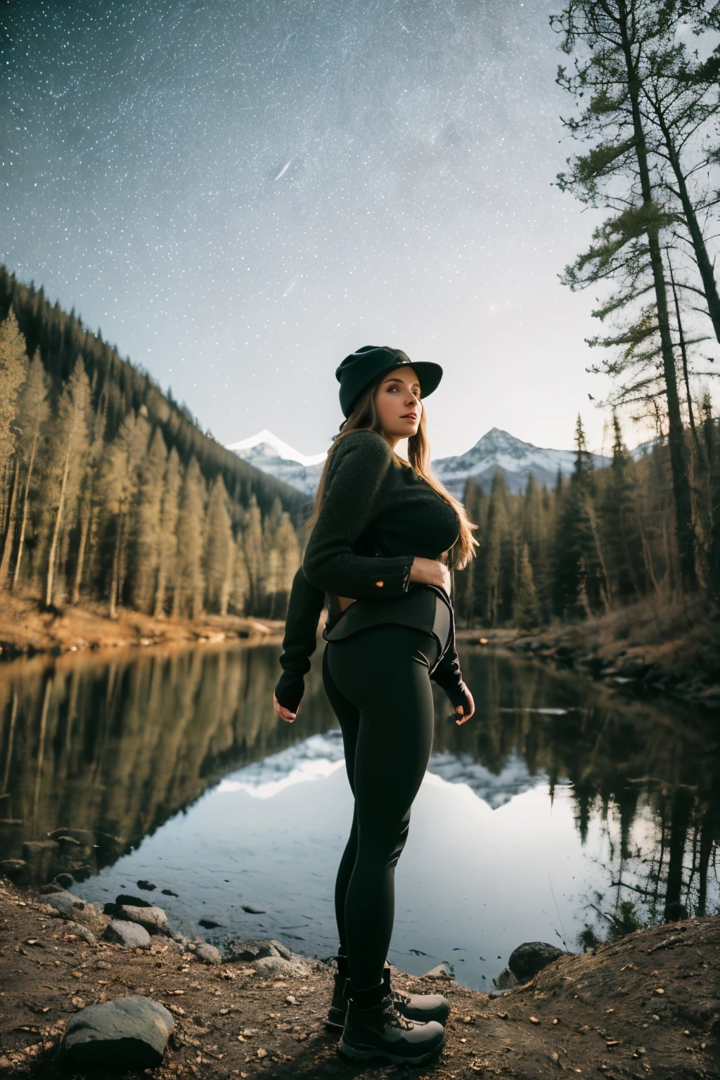 1 woman((full body shot, happy)), masterpiece, best quality, ultra-detailed, solo, outdoors, (night), mountains, nature, (stars, moon) cheerful, happy, backpack, sleeping bag, camping stove, water bottle, heart shaped all, perfect ass, large ass, wide hips, tight black yoga pants, mountain boots, gloves, large breasts, huge tits visible through sweater, hat, flashlight, forest, rocks, river, wood, smoke, shadows, contrast, clear sky, analog style (look at viewer:1.2) (skin texture) (film grain:1.3), (warm hue, warm tone)