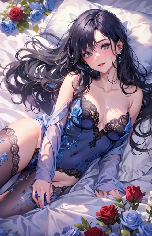 ((highest quality)), ((masterpiece)), (get used to it), perfect face , beautiful girl , beautiful long black hair , beautiful blue eyes , In underwear ,  Purple and blue roses scattered , lie on the bed ,