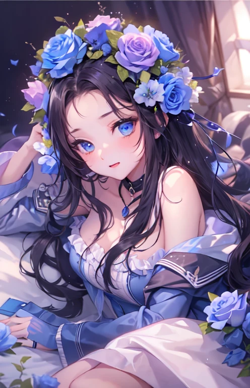 (8k, top quality, masterpiece: 1.2), (realistic, photorealistic: 1.37), super detailed, girl alone, cute, solo, midnight, beautiful detailed sky, detailed café, sitting, dating, (blush), (smile: 1.15), small breasts (mouth closed), beautiful fine eyes, floating hair NovaFrogStyle, back open dress, blue rose accessories, Blue rose background
