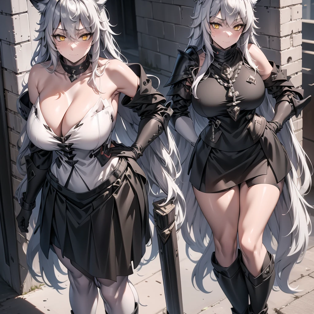 Single girl, a sole girl, full body portrait, frontal view angle, 8K, tall beautiful young woman, fluffy wolf ears, white pale skin, smooth skin, especially detailed face, masterpiece, ultra detailed, tmasterpiece, best quality, highlydetailed face, ultra-detailed face, beautiful and aesthetic wolf tailed girl, athletic body, pale white skin, big breasts, curvy, busty, long hair, gray-silver hair, a werewolf young woman, wolf ears, long wolf tail, fluffy wolf tail, wolf-like irises, beautiful, enchanting, bright yellow eyes, detailed eyes, ultra-detailed eyes, accurate eyes, detailed irises, correct body proportions, elegant, small vertical scar under right eye, small rosy lips, cute fangs, wolf fangs, pretty hands, detailed hands, charming, slight blush, shy smile, metal armor, black bike shorts and skirt with stylish metal chains and a black top, detached sleeves, black armor, metal chest armor, armored long bike shorts, long armored skirt, black armored jacket, black metal armor, silver metallic ornaments, bare off shoulders, toned abs, exposed belly, standing straight pose, hands on hips pose, cute sulking expression