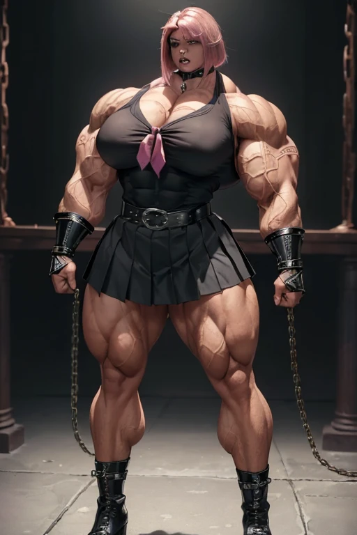 ((((Massive, tall, beautiful, buff, light brown skinned muscular with shocking pink hair, black lipstick, ginormous bulky muscles, wearing a black tied blouse with pleated skirt and tie)))), close view, (black lipstick), massive muscle, massive biceps, hyper muscle shoulders, (ginormous muscle arms), hyper muscle triceps, (angled bob cut), red eyes, choker, (chain belt), black boots, (chained gauntlets), (fingerless gloves), (standing in a dark school), sensual glare, night, hyper vascular arm, hyper muscles arms, hyper muscle legs, (ginormous arms).