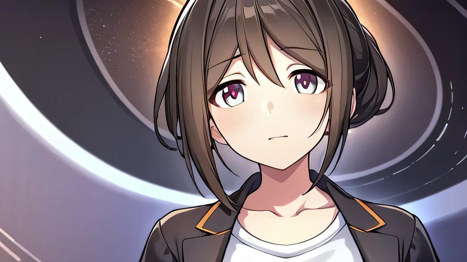 Satou_Hazumi, black hair, orange eyes, herrscher of possibilities, standing, medium breast, retail, outlet, pharmacy, white pharmacist lab coat, galaxy, black hole, visual novel cg style, BREAK looking at viewer, BREAK (masterpiece:1.2), best quality, high resolution, unity' 8k wallpaper, (illustration:0.8), (beautiful detailed eyes:1.6), extremely detailed face, perfect lighting, extremely detailed CG, (perfect hands, perfect anatomy)