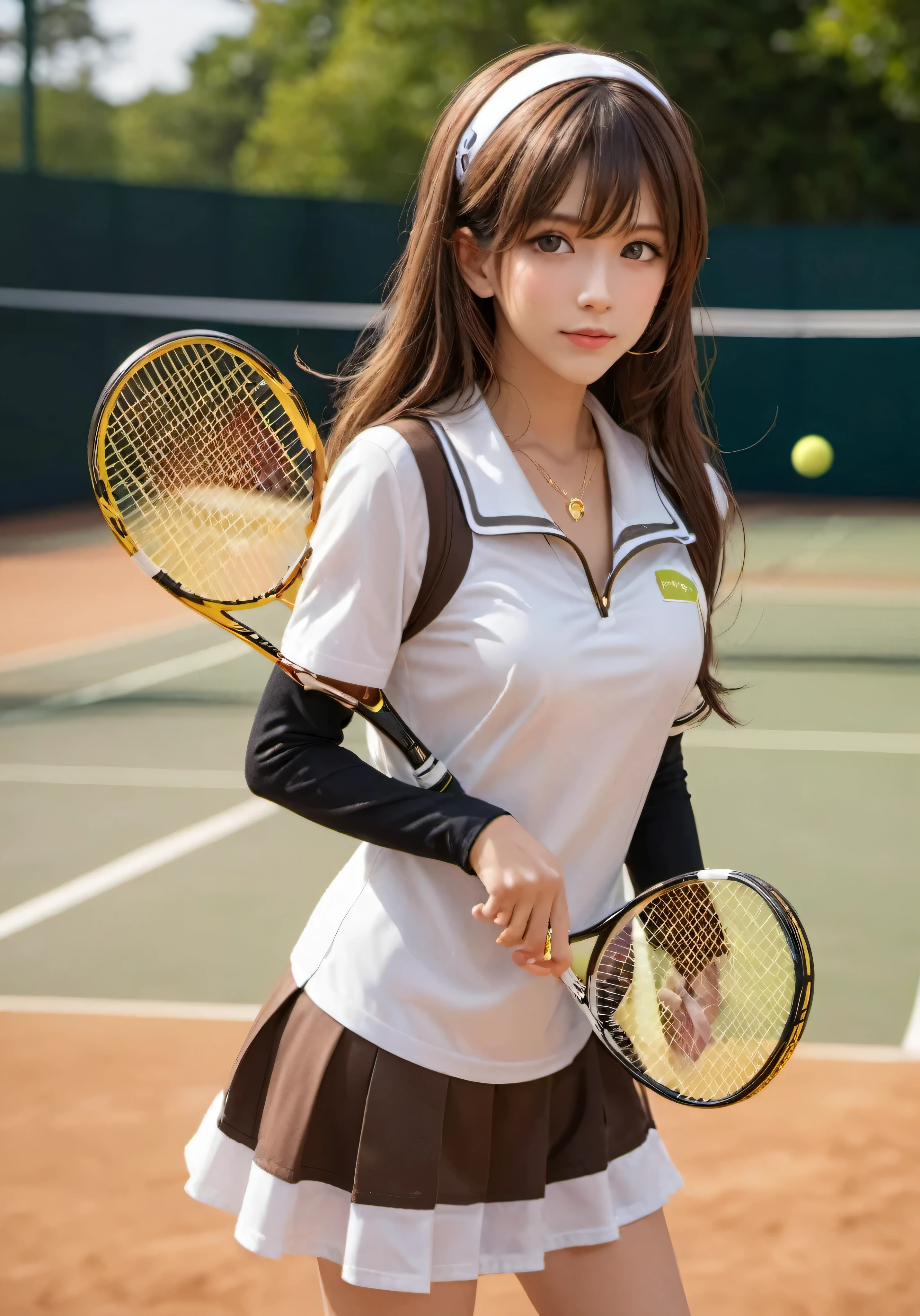 photograph, disorganized, High resolution, super detailed, maid girl,:d,((Hair with loose waves inside:1.2)),((gold necklace_Large earrings:1.2)),((Super long brown hair:1.2))((Tennis costume (((tennis field))), outside:1.3)),