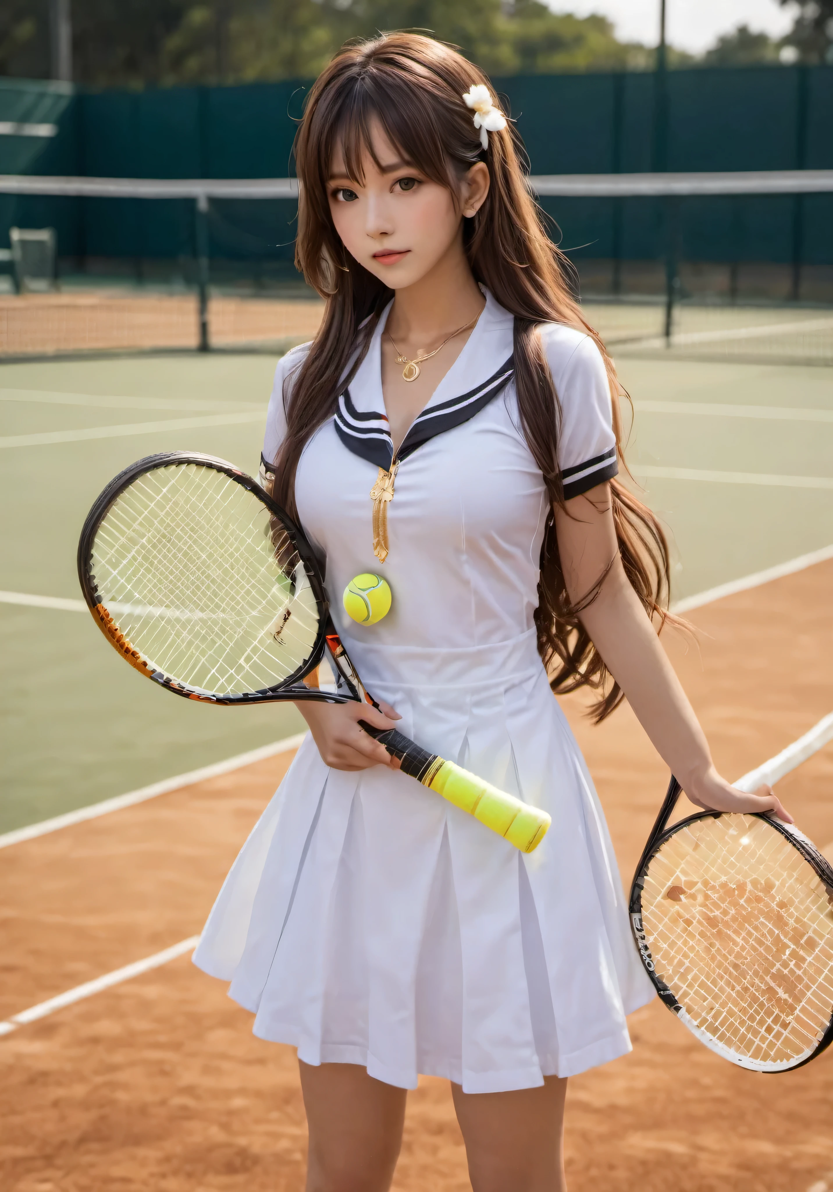 photograph, disorganized, High resolution, super detailed, maid girl,:d,((Hair with loose waves inside:1.2)),((gold necklace_Large earrings:1.2)),((Super long brown hair:1.2))((Tennis costume (((tennis field))), outside:1.3)),