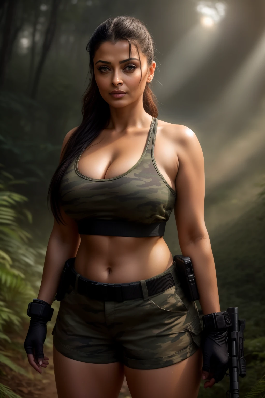 Sunrise scene, full body 45YO MILF AISHWARYA RAI, army lady with guns, smirking face, sweaty cleavage, MEDIUM breasts, mature milf thick curvy figure, posing in forest, wearing camouflage shorts and black knotted crop top, army boots, wet hair, sexy jawline, seductive face, look at camera and winking, black ponytail hair, erotic adult face, 45yo, soft volumetric lights, (backlit:1.3), intricate details, (ArtStation:1.2)