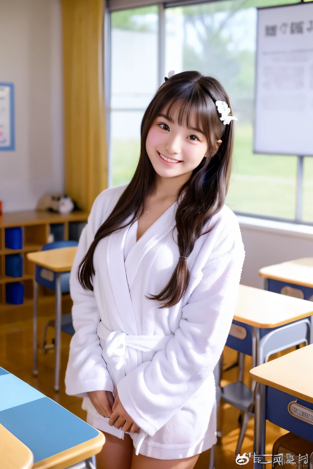 A 20-year-old woman with the cute face of an idol who looks 15 years old.。Gentle and cute。Please smile kindly。She is wearing white underwear and a white bathrobe. Bust is larger She is in a school classroom Raw photo real genuine High definition real life No copyright notice