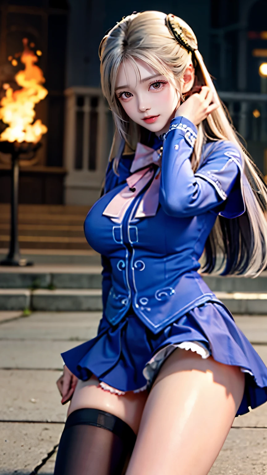 (very delicate and beautiful:1.2)super model,Perfectly shaped,girl's,,Thighhighs,beautiful feet,gentle expression,spoiled look,Innocent face,ミニskirt,big breasts,beautiful breasts,voluptuous,bike shorts,,masterpiece, highest quality, High resolution, 8K, , skirt, uniform, short hair, messy hair, blush, sexy pose, big breasts, sweating,, sweating, cityscape, vivid details, super detail, realistic skin texture, Surface details, Beautiful eyes in every detail, medium full shot, Girl holding a sword,flame background,smile,Look at your audience
