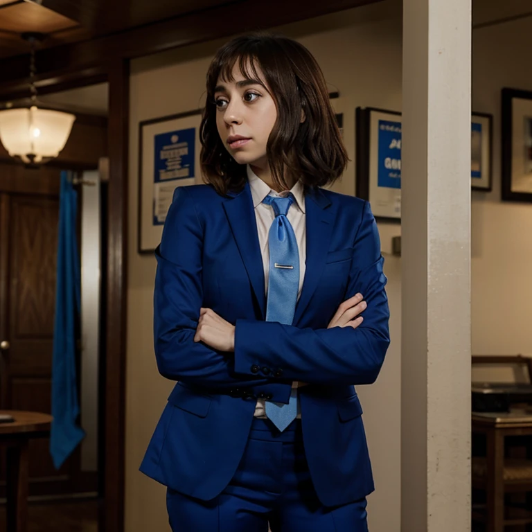 Cristin Milioti dressed in a blue suit with a tie