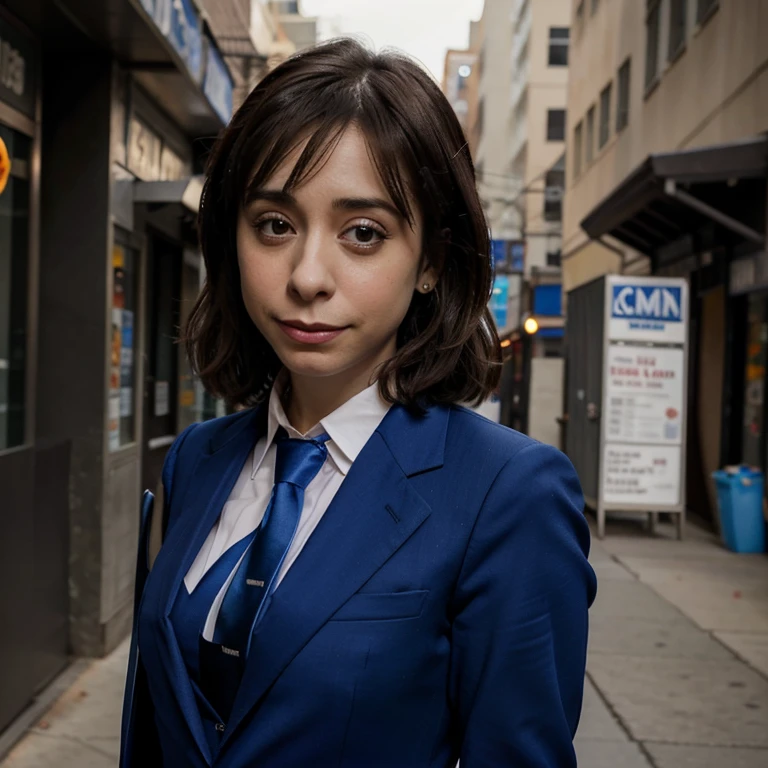 Cristin Milioti dressed in a blue suit with a tie