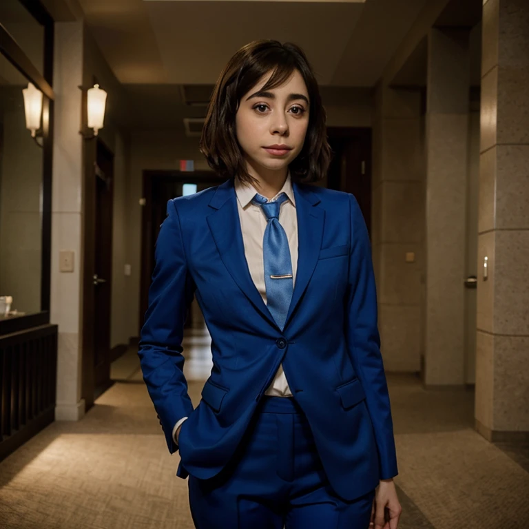 Cristin Milioti dressed in a blue suit with a tie