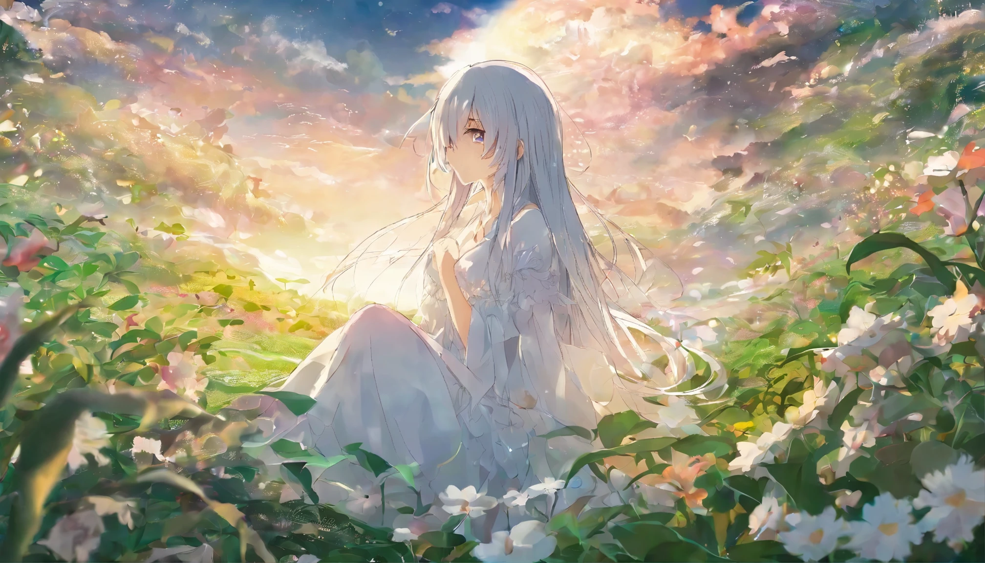 A girl with long gray hair sitting in a field of green plants and flowers (masterpiece、highest quality)、warm lighting、white dress、blurred foreground、Gazing at the sky。profile