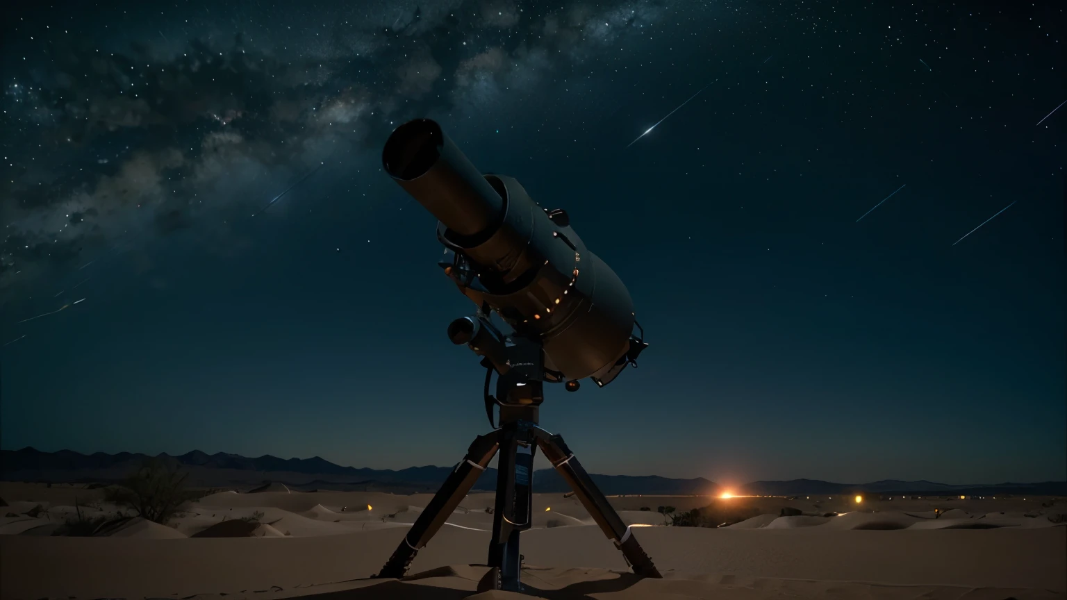 desert at night time with a lot of stars and 1 black hole with a white telescope up close