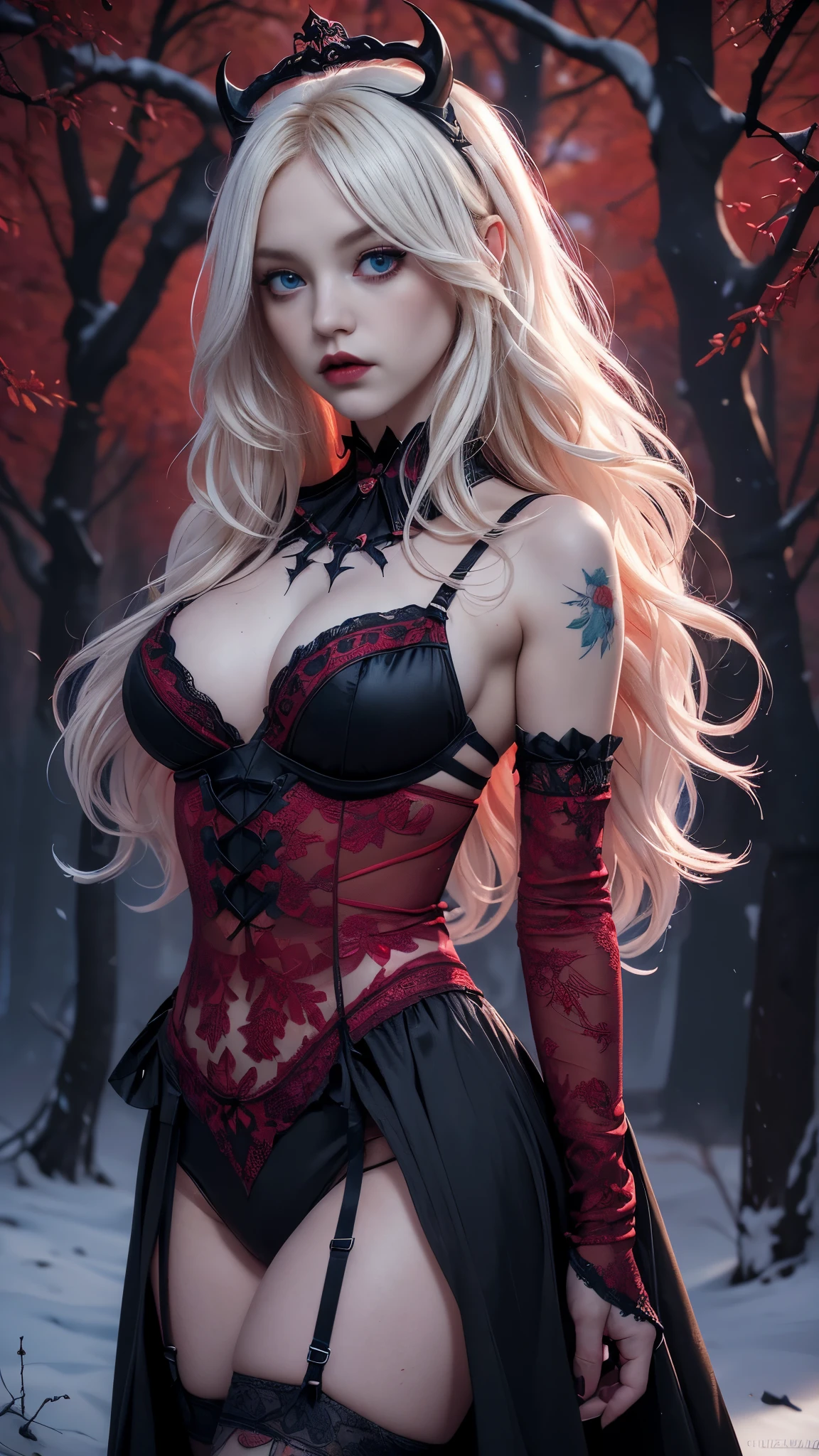 score_9, score_8_up, score_7_up, score_6_up, rating_explicit, 1girl, ((18YO:1.2)), Adult, full lips, big clear eyes, light blue eyes, ((blond hair:1)), (long wavy hair: 1.2),mad-wsps,made of mad-wsps,Painting,Color splash,highly detailed,Tempting ("The 22yo of Dreams":1.3),(art by Tatsuyuki Tanaka:1.4) ,(cabello white canoso largo :1.4), (Detalles de la cara: 1.5, ojos azules brillantes, hermoso rostro, ojos bonitos, Contorno del iris, labios delgados: 1.5, Thin, sharp pale eyebrows, Long, dark eyelashes, double tabs),Surprising,Muted Colors,Decals,(Floral motives:1.4) ,asymmetrical,(dedos detailed :1.4) , (Friarmoody lighting,Sharp and in focus,8k, Visual novel,Moody lighting, Brilliant Lighting, D&D Style Portrait, (((masterpiece))) , (((best quality))) , hyper detailed),soft lighting,HDR,Ilford HP5+ 400,Depth of field 270mm,adobe lightroom,Full Body,Fire and Ice,Ruby Red Rose,Red Mode,Insane Quality,Color Splash,,DonMW15pXL, VP, (dynamic cowboy pose),( fondo bosque encantado tenebroso rojo sangre flores :1.4), (colores brillantes), (UHD 8K), (realistic V2.1), (estilo encaje rojo lingerie :1.4), (perfect anatomy V2.1 ), ,(ta punk rock gothic red:1.4 ), (devilish red forest :1.4)