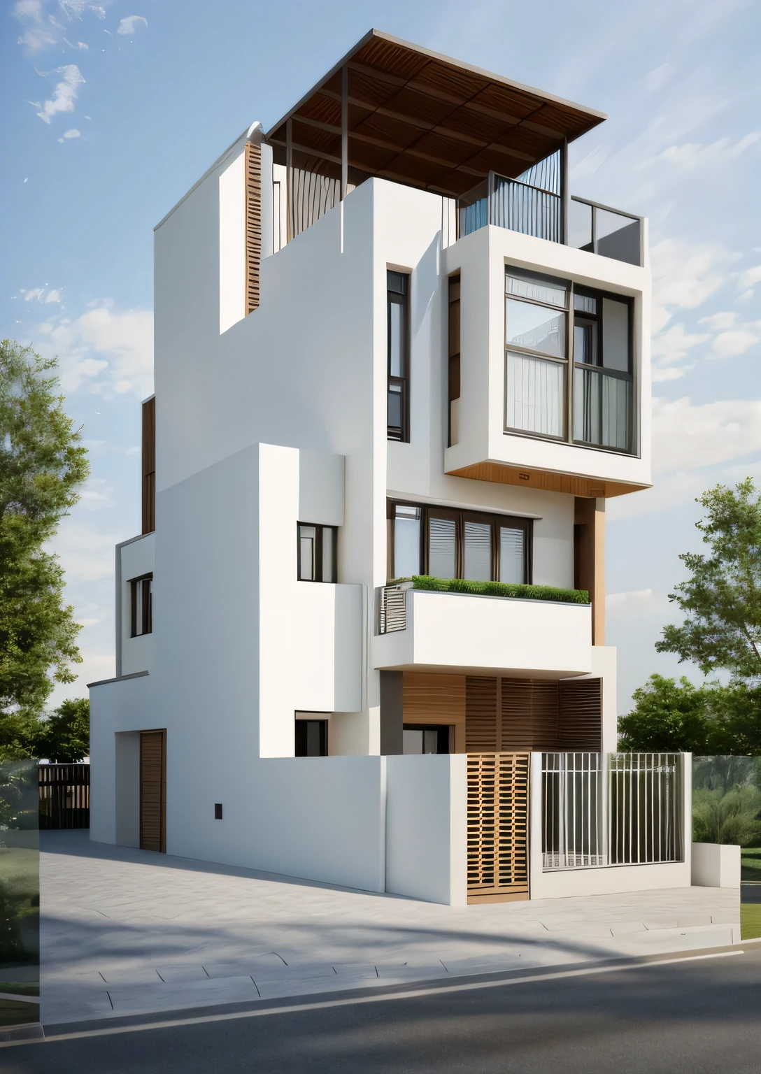 Exterior of house, mable decorations, (canopy in front of house:1.4), (a road in front of house:1.3), tree, sky, cloud, morning weather.