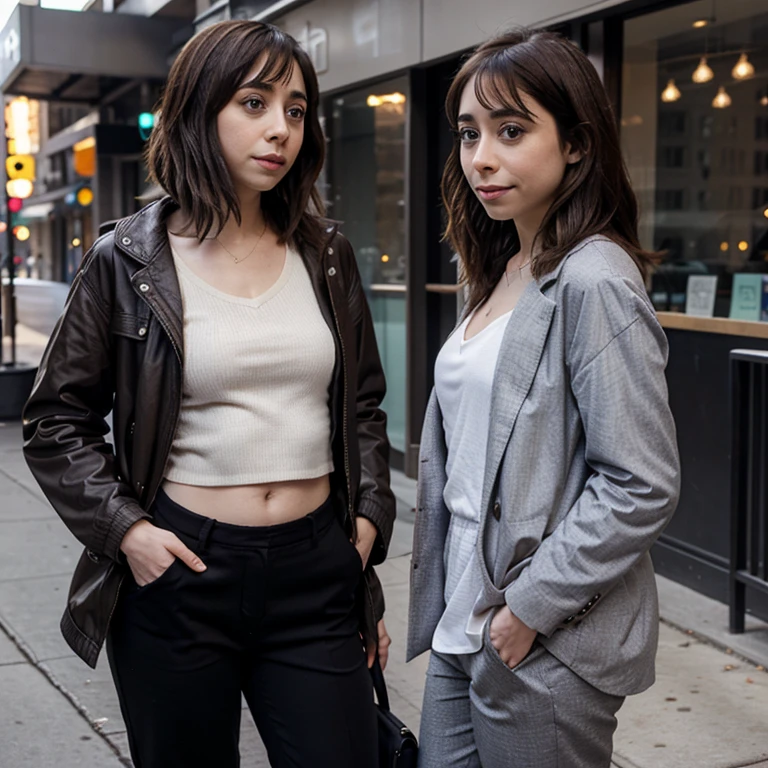 Cristin Milioti dressed in a woman's jacket with pants