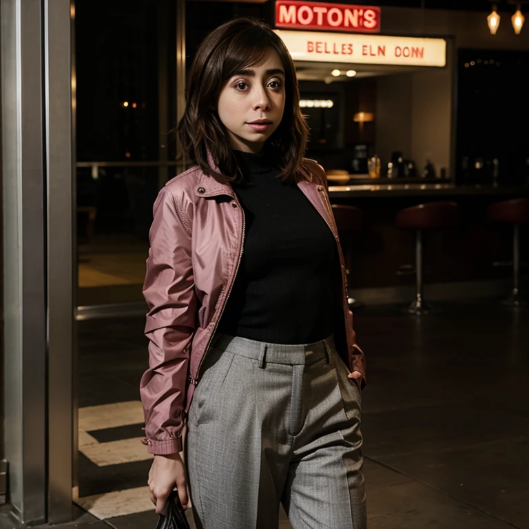 Cristin Milioti dressed in a woman's jacket with pants