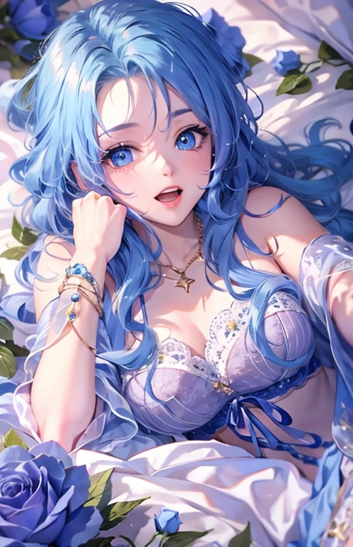 ((highest quality)), ((masterpiece)), (get used to it), perfect face , beautiful girl , Beautiful long blue hair , beautiful blue eyes , In underwear , Blue roses scattered , lie on the bed ,