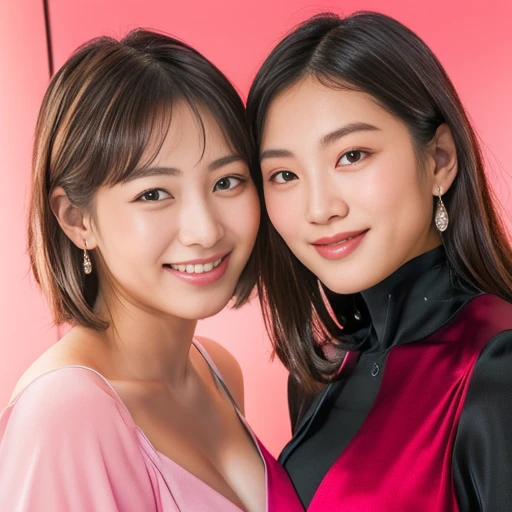 two asian women in pink dresses posing for a picture, Asia&#39;s Features, Ayami Kojima and Ryde Caldwell, two models in frame, Japanese facial features, Korean facial features, sisters, gorgeous face, Beauty Campaign, two girls, Beautiful Gemini twins portrait, asian women, yoshitomo nara and aya takano, beautiful japanese girl face, two women