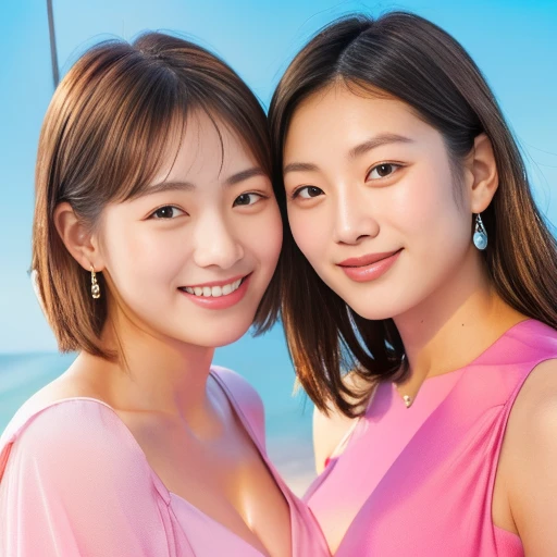 two asian women in pink dresses posing for a picture, Asia's Features, Ayami Kojima and Ryde Caldwell, two models in frame, Japanese facial features, Korean facial features, sisters, gorgeous face, Beauty Campaign, two girls, Beautiful Gemini twins portrait, asian women, yoshitomo nara and aya takano, beautiful japanese girl face, two women