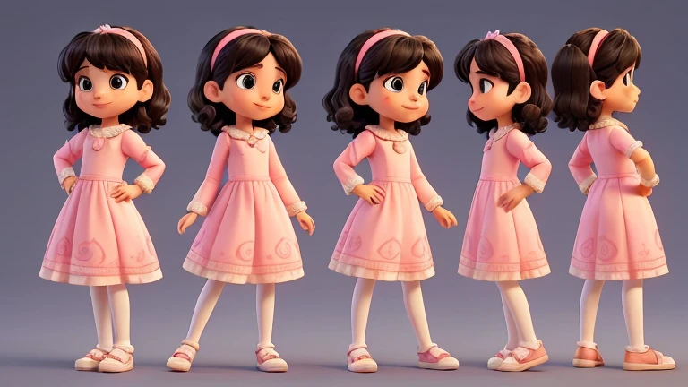 Imagine uma de 2 anos com cabelo curto, loiro, cabelo encaracolado, olhos azuis. She is wearing a medium length, entirely pink dress with medium sleeves and no collar . She has white sandals on her feet and a headband adorned with pearls.. Adicionalmente, she wears a pearl bracelet and pearl earrings. Ficha de personagem , Multiple angles, estilo disney. reviravolta do personagem, personagem em poses diferentes