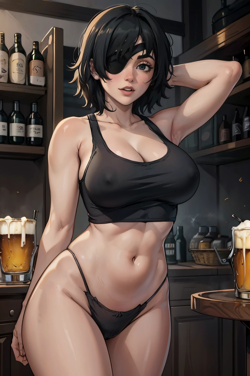 digital art, Himeno, masterpiece, best quality, sexy pose, at the dark living room, beer, tank top, panties, medium size breasts