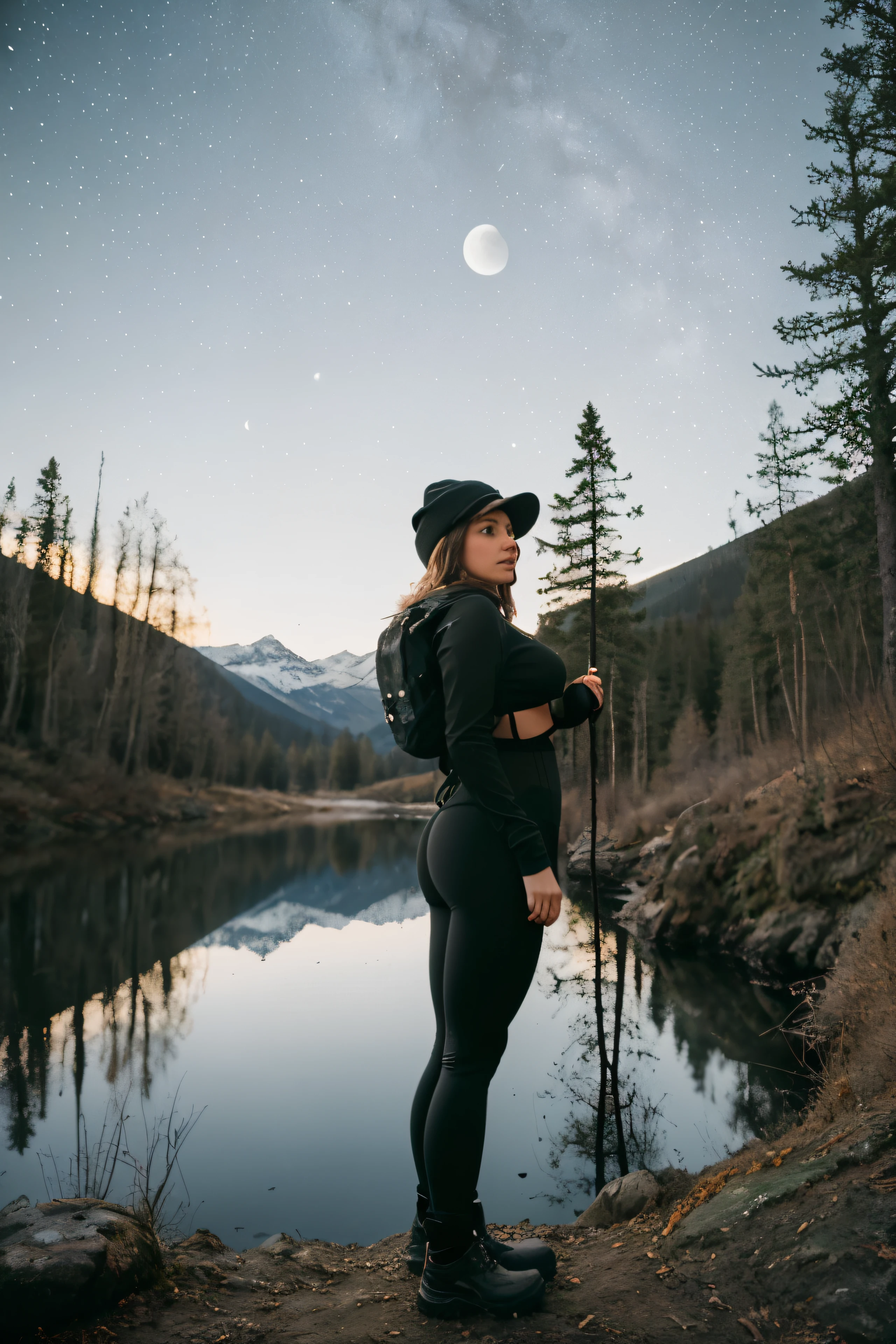 1 woman((full body shot, happy)), masterpiece, best quality, ultra-detailed, solo, outdoors, (night), mountains, nature, (stars, moon) cheerful, happy, backpack, sleeping bag, camping stove, water bottle, heart shaped all, perfect ass, large ass, wide hips, tight black yoga pants, mountain boots, gloves, large breasts, huge tits visible through sweater, hat, flashlight, forest, rocks, river, wood, smoke, shadows, contrast, clear sky, analog style (look at viewer:1.2) (skin texture) (film grain:1.3), (warm hue, warm tone)