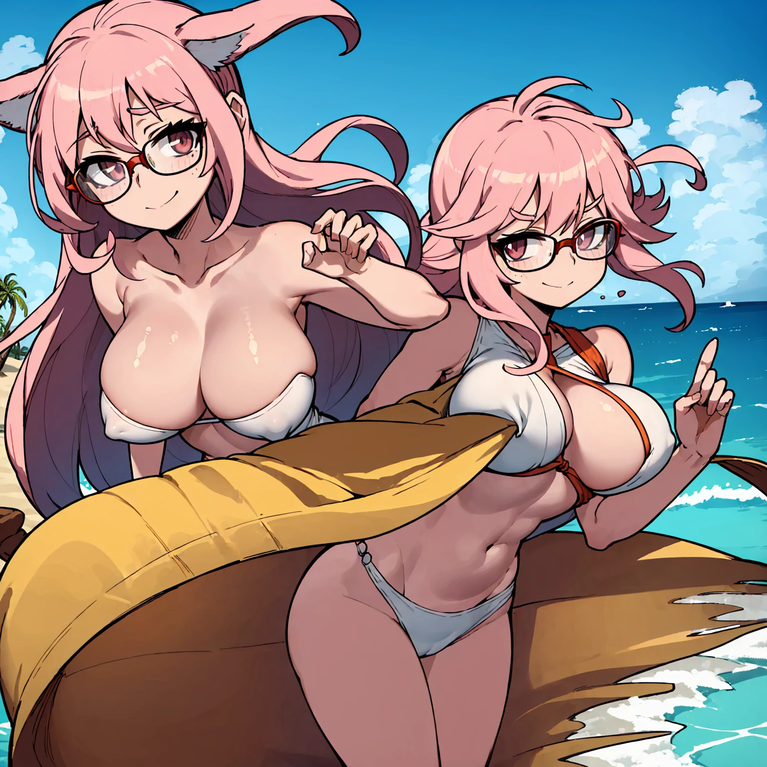 (masterpiece, best quality:1.2), cowboy shot, (solo), (1girl):1.5, glasses, long fluffy pink hair, hair blowing, gorgeous body, wide hips, slight smile, (elegant swimswit), navel exposed, mid breasts, breasts niples, cameltoe, in front of palms in a windy beach.