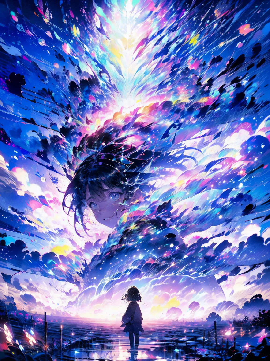 master painting,optimal quality,rain,adult woman,beauty、Very depressing,With short black hair,is crying,When I look up at the cloudy sky、Neon street in the background、Neon color is blue.