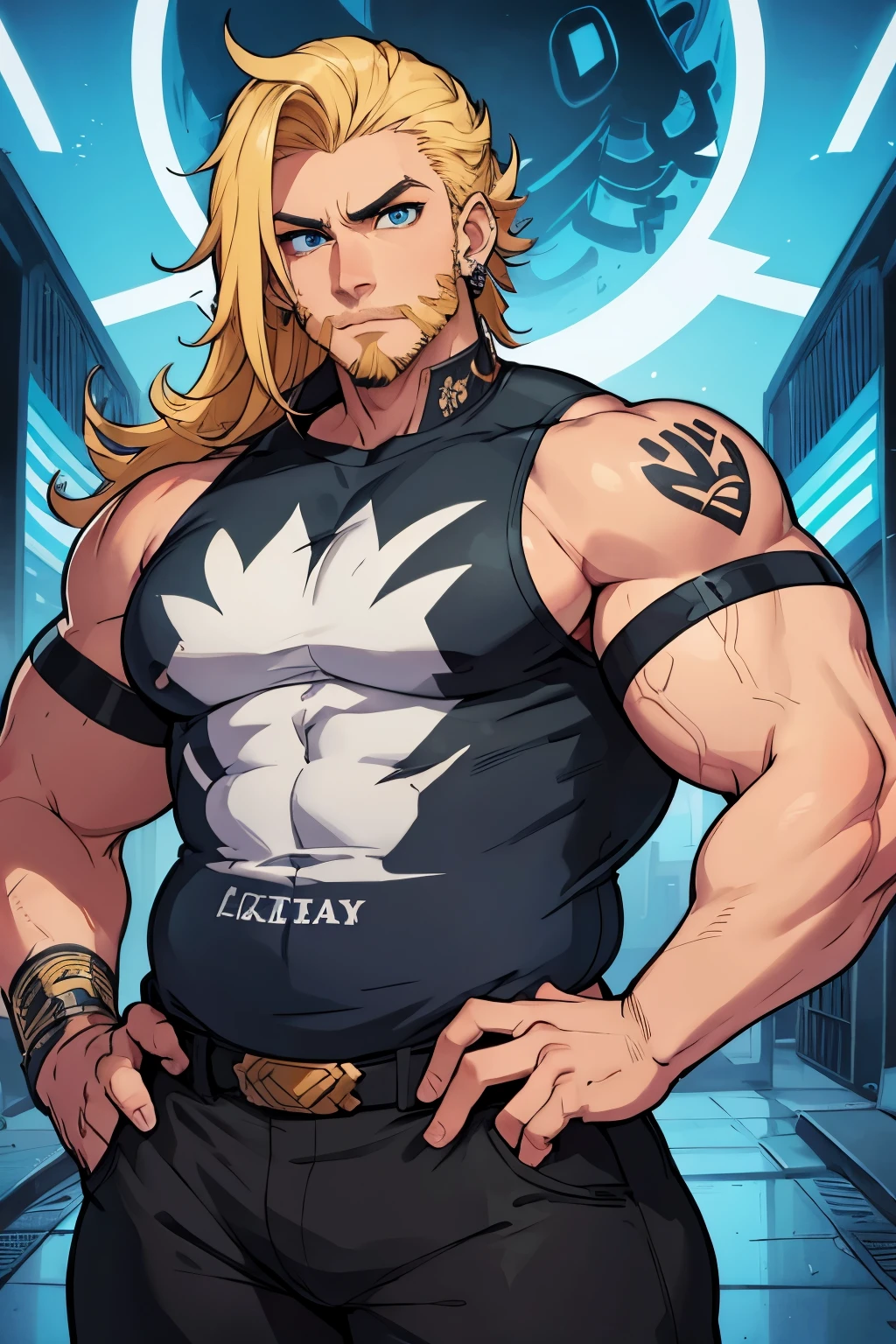 Large and muscular lion lion_ white mane_ golden eyes_defined muscles_bodybuilder. Wearing harnesses and black leather.