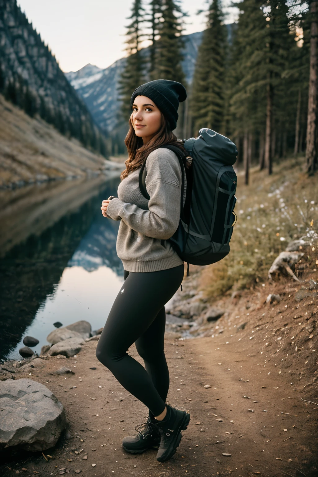 1 woman((full body shot, happy)), masterpiece, best quality, ultra-detailed, solo, outdoors, (night), mountains, nature, (stars, moon) cheerful, happy, backpack, sleeping bag, camping stove, water bottle, large ass, wide hips, tight black yoga pants, mountain boots, gloves, large breasts, huge tits visible through sweater, hat, flashlight, forest, rocks, river, wood, smoke, shadows, contrast, clear sky, analog style (look at viewer:1.2) (skin texture) (film grain:1.3), (warm hue, warm tone)