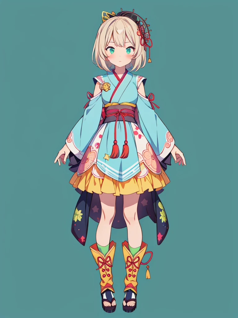 1girl、vtuber-fullbody、Star Fairy、masterpiece、official art、Super detailed、super beautiful、かわいいStar Fairy、white straight short hair、Milky Way、universe、star charm、Star、baby face、Knee-high boots、Japanese pattern dress、浴衣をリメイクした黒と紺色のuniverseを思わせるOiranフリルドレス、Oiran、simple background、green background、no body,