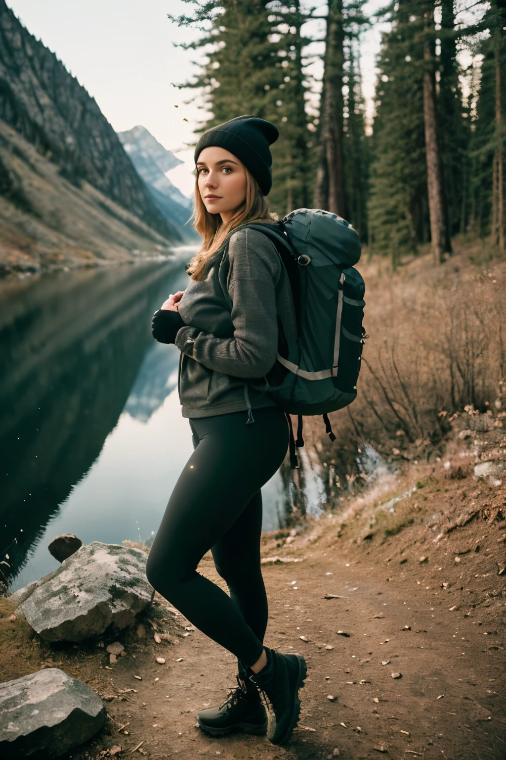 1 woman((full body shot, happy)), masterpiece, best quality, ultra-detailed, solo, outdoors, (night), mountains, nature, (stars, moon) cheerful, happy, backpack, sleeping bag, camping stove, water bottle, large , wide hips, tight black yoga pants, mountain boots, gloves, large breuge tits visibhrough sweater, hat, flashlight, forest, rocks, river, wood, smoke, shadows, contrast, clear sky, analog style ( at viewer:1.2) (skin texture) (film grain:1.3), (warm hue, warm tone)