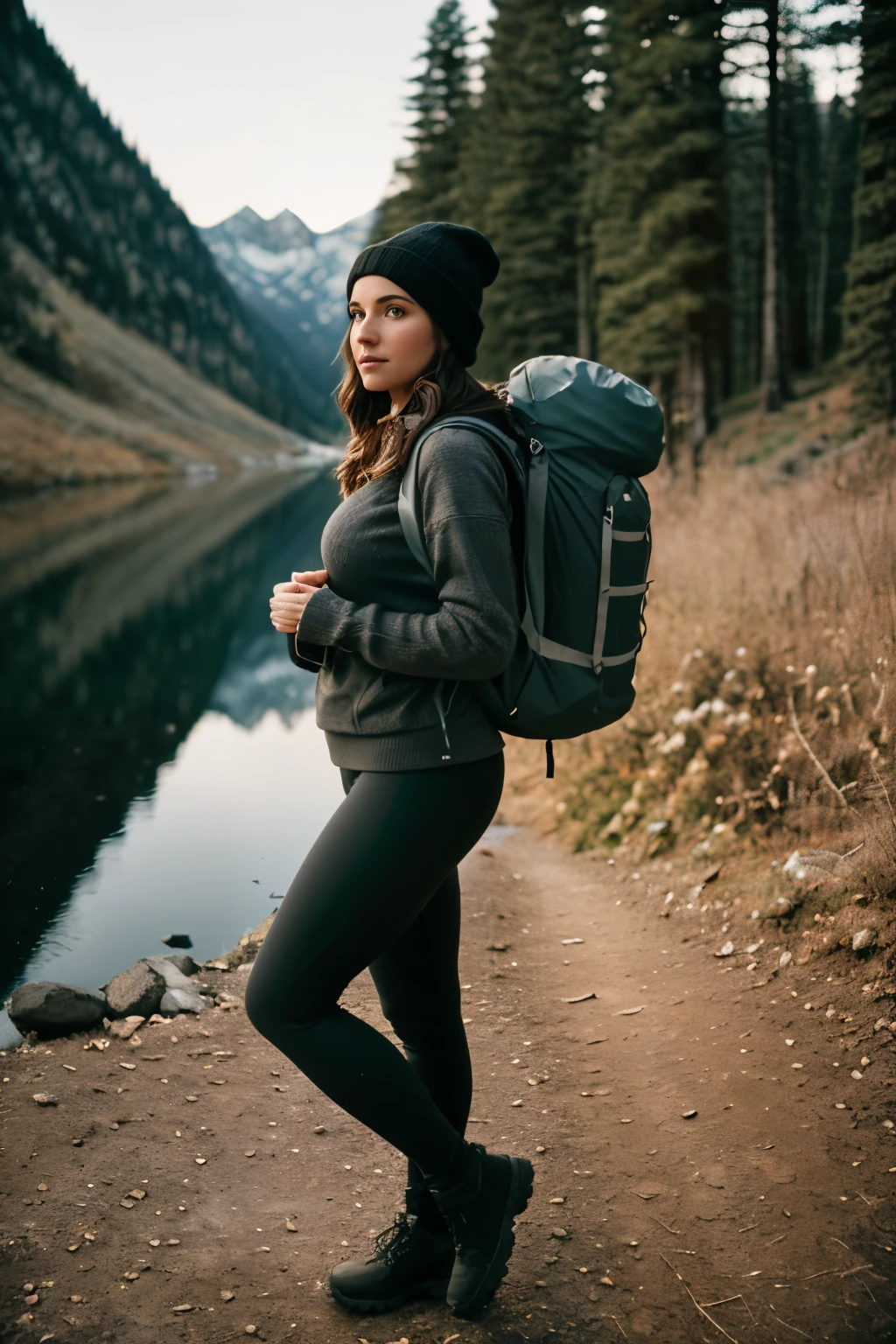 1 woman((full body shot, happy)), masterpiece, best quality, ultra-detailed, solo, outdoors, (night), mountains, nature, (stars, moon) cheerful, happy, backpack, sleeping bag, camping stove, water bottle, large ass, wide hips, tight black yoga pants, mountain boots, gloves, large breasts, huge tits visible through sweater, hat, flashlight, forest, rocks, river, wood, smoke, shadows, contrast, clear sky, analog style (look at viewer:1.2) (skin texture) (film grain:1.3), (warm hue, warm tone)