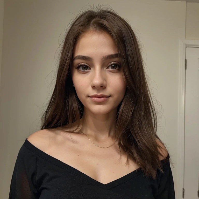 Crie uma imagem de uma jovem mulher de 19 anos com cabelos longos e lisos pretos, peitos grandes, olhos castanhos e pele clara. She has a confident expression and is dressed elegantly