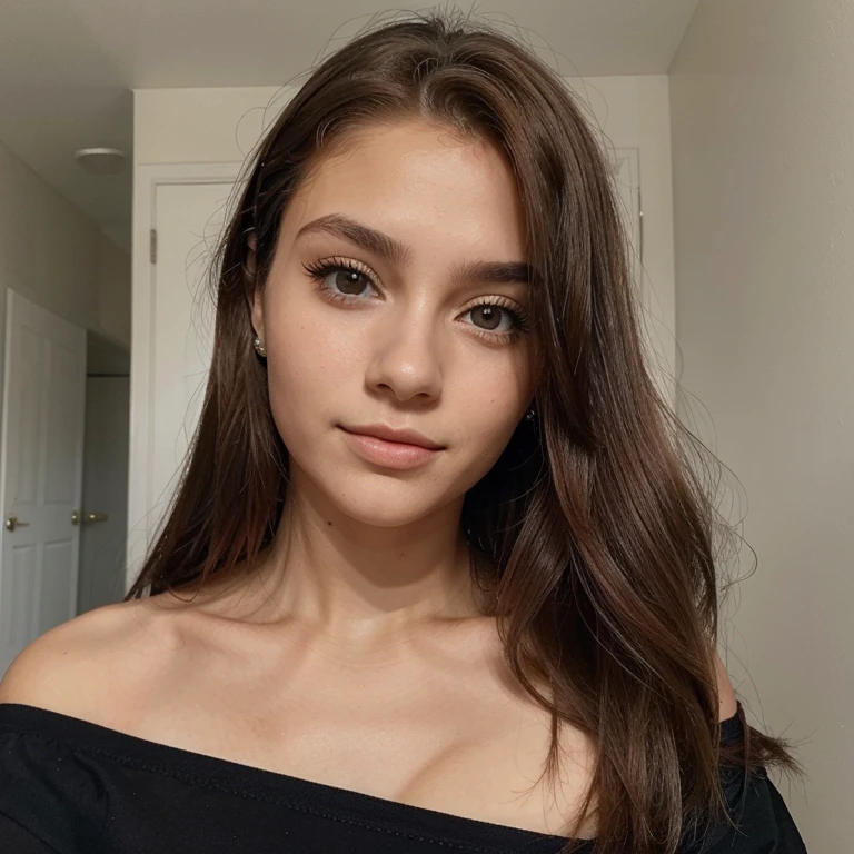 Crie uma imagem de uma jovem mulher de 19 anos com cabelos longos e lisos pretos, peitos grandes, olhos castanhos e pele clara. She has a confident expression and is dressed elegantly