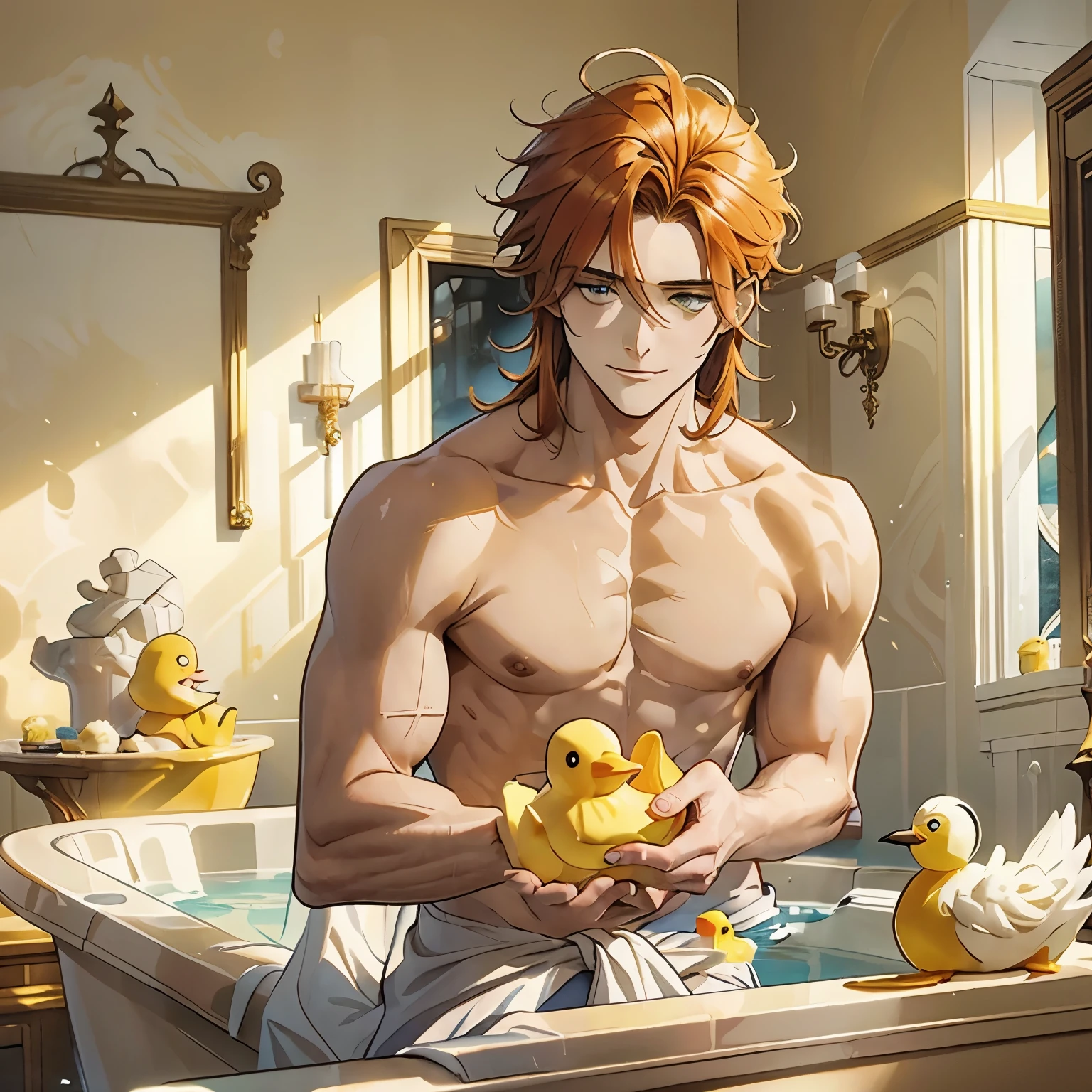 Homem jovem com cabelos na altura dos ombros, long orange hair that reaches the shoulders, shoulder-lenght orange hair, dentro de uma banheira sem camisa, sorrindo muito feliz, muito contente , felicidade, molhado em um banheiro luxuoso, in a bathtub with water, rindo feliz, olhos verdes