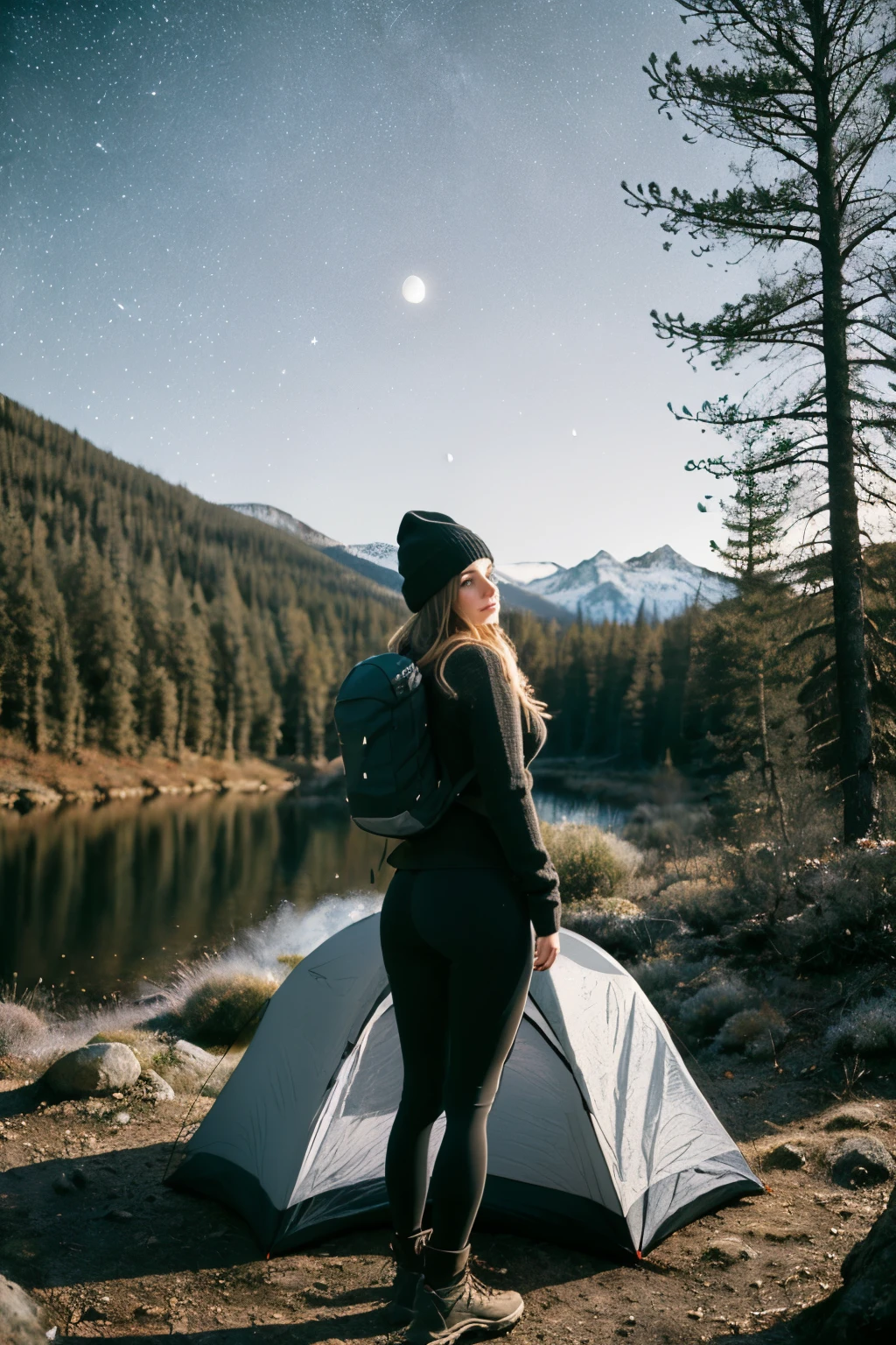 1 woman((full body shot, happy)), masterpiece, best quality, ultra-detailed, solo, outdoors, (night), mountains, nature, (stars, moon) cheerful, happy, backpack, sleeping bag, camping stove, water bottle, heart shaped all, perfect ass, large ass, wide hips, tight black yoga pants, mountain boots, gloves, large breasts, huge tits visible through sweater, hat, flashlight, forest, rocks, river, wood, smoke, shadows, contrast, clear sky, analog style (look at viewer:1.2) (skin texture) (film grain:1.3), (warm hue, warm tone)